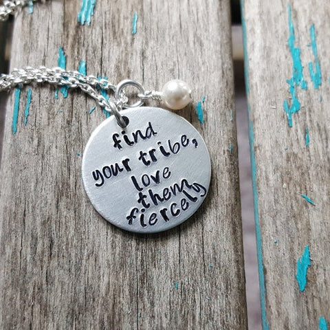 Friendship Necklace- Hand-Stamped Necklace "find your tribe, love them fiercely" with an accent bead in your choice of colors