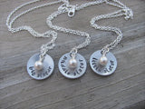 Three Sisters Necklace Set- 3 Necklace Set- "big sis", "middle sis", "little sis" domed pendants- Hand-Stamped Necklaces  -with an accent bead of your choice