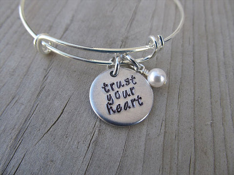 Trust Your Heart Inspiration Bracelet- "trust your heart"  - Hand-Stamped Bracelet-Adjustable Bracelet with an accent bead of your choice