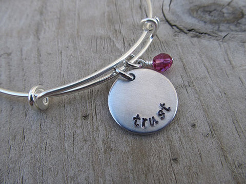 Trust Inspiration Bracelet- "trust"  - Hand-Stamped Bracelet  -Adjustable Bangle Bracelet with an accent bead of your choice