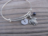 Turtle Charm Bracelet- Adjustable Bangle Bracelet with an Initial Charm and an Accent Bead of your choice