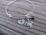Turtle Charm Bracelet- Adjustable Bangle Bracelet with an Initial Charm and an Accent Bead of your choice