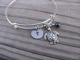 Turtle Charm Bracelet- Adjustable Bangle Bracelet with an Initial Charm and an Accent Bead of your choice