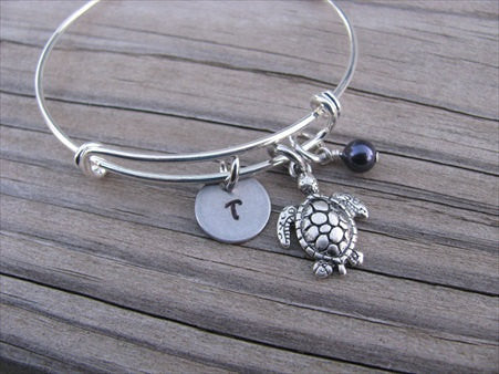 Turtle Charm Bracelet- Adjustable Bangle Bracelet with an Initial Charm and an Accent Bead of your choice