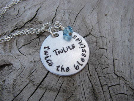 Mother of Twins Necklace, Gift for Expectant Mother, New Mother, "Twins- twice the blessings"   - Hand-Stamped Necklace with an accent bead of your choice