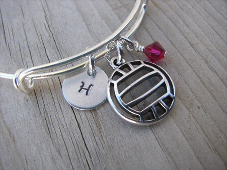 Volleyball Charm Bracelet- Adjustable Bangle Bracelet with an Initial Charm and an Accent Bead of your choice
