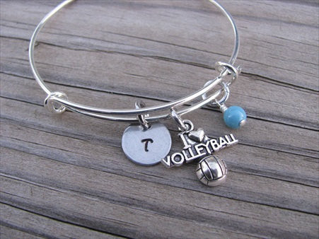 I ♥ Volleyball Charm Bracelet- Adjustable Bangle Bracelet with an Initial Charm and an Accent Bead of your choice