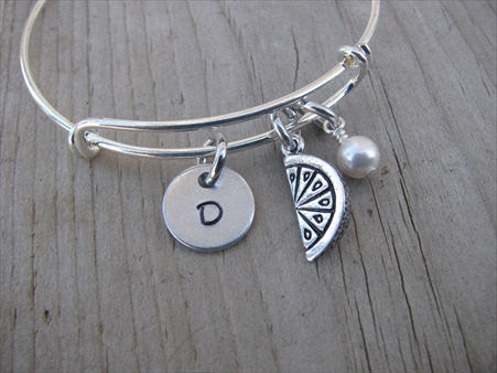 Watermelon Charm Bracelet- Adjustable Bangle Bracelet with an Initial Charm and an Accent Bead of your choice