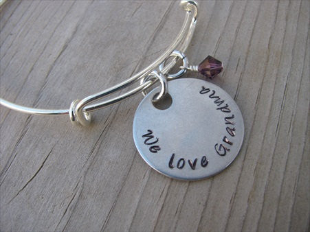 Grandmother's Bracelet- "We love Grandma" Bracelet-  Hand-Stamped Bracelet- Adjustable Bangle Bracelet with an accent bead of your choice