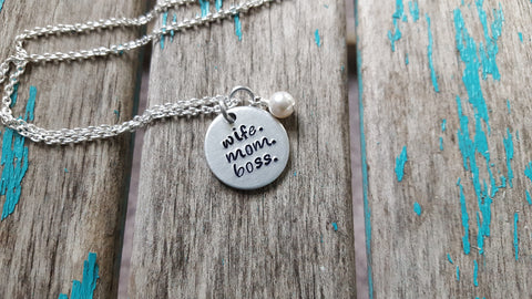 Wife Necklace- "wife. mom. boss."- Hand-Stamped Necklace with an accent bead in your choice of colors