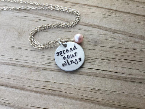 Spread Your Wings Inspiration Necklace- "spread your wings"- Hand-Stamped Necklace with an accent bead in your choice of colors