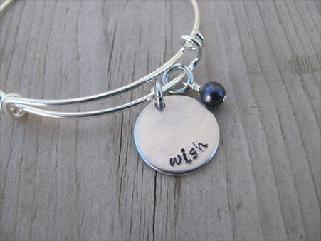 Wish Inspiration Bracelet- "wish"  - Hand-Stamped Bracelet  -Adjustable Bangle Bracelet with an accent bead of your choice