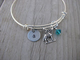 Wolf Charm Bracelet- Adjustable Bangle Bracelet with an Initial Charm and an Accent Bead of your choice
