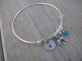 Wolf Charm Bracelet- Adjustable Bangle Bracelet with an Initial Charm and an Accent Bead of your choice