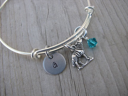 Wolf Charm Bracelet- Adjustable Bangle Bracelet with an Initial Charm and an Accent Bead of your choice