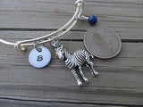 Zebra Charm Bracelet- Adjustable Bangle Bracelet with an Initial Charm and an Accent Bead of your choice